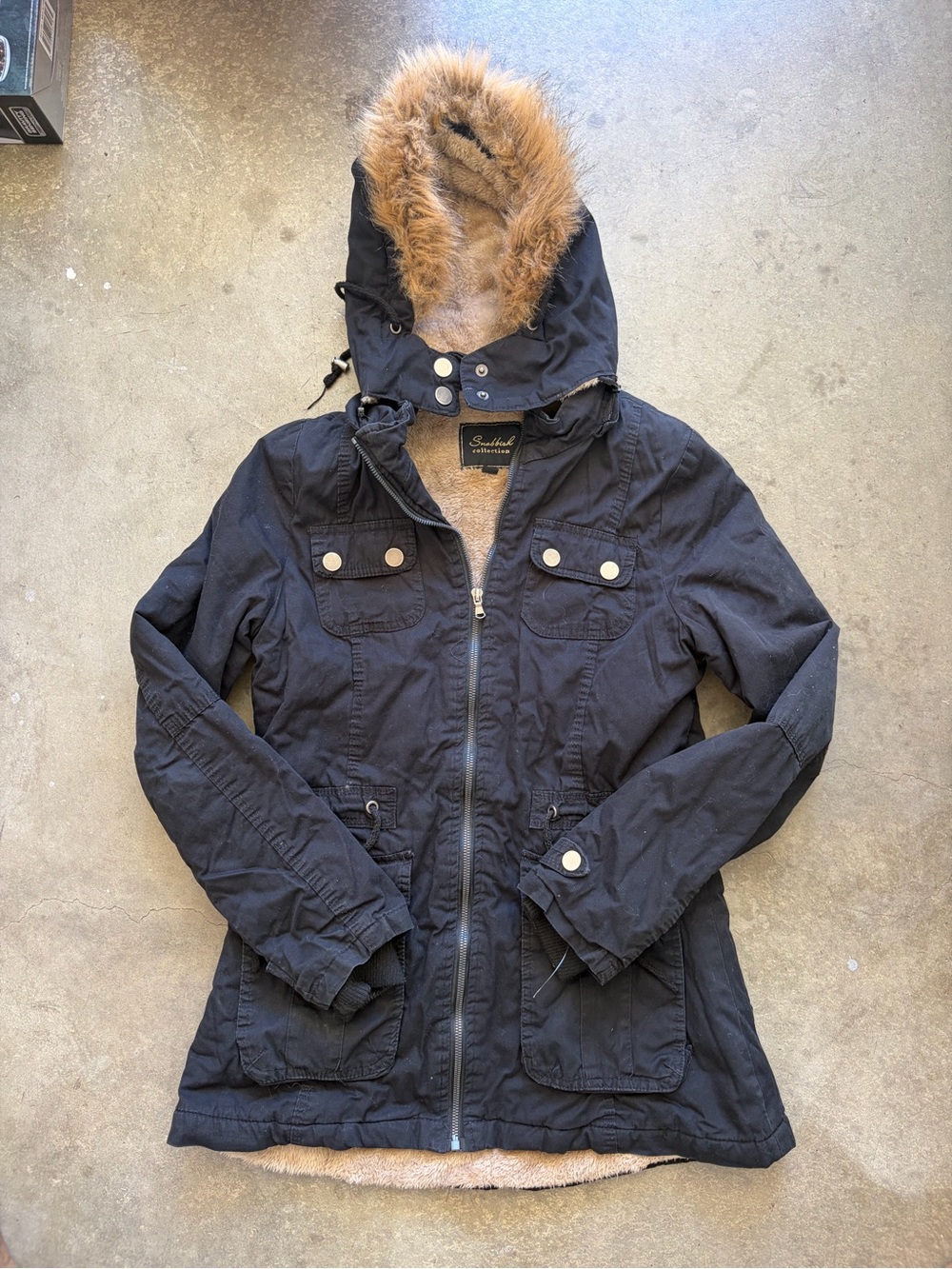 Black Hooded Utility Jacket with Faux Fur Trim